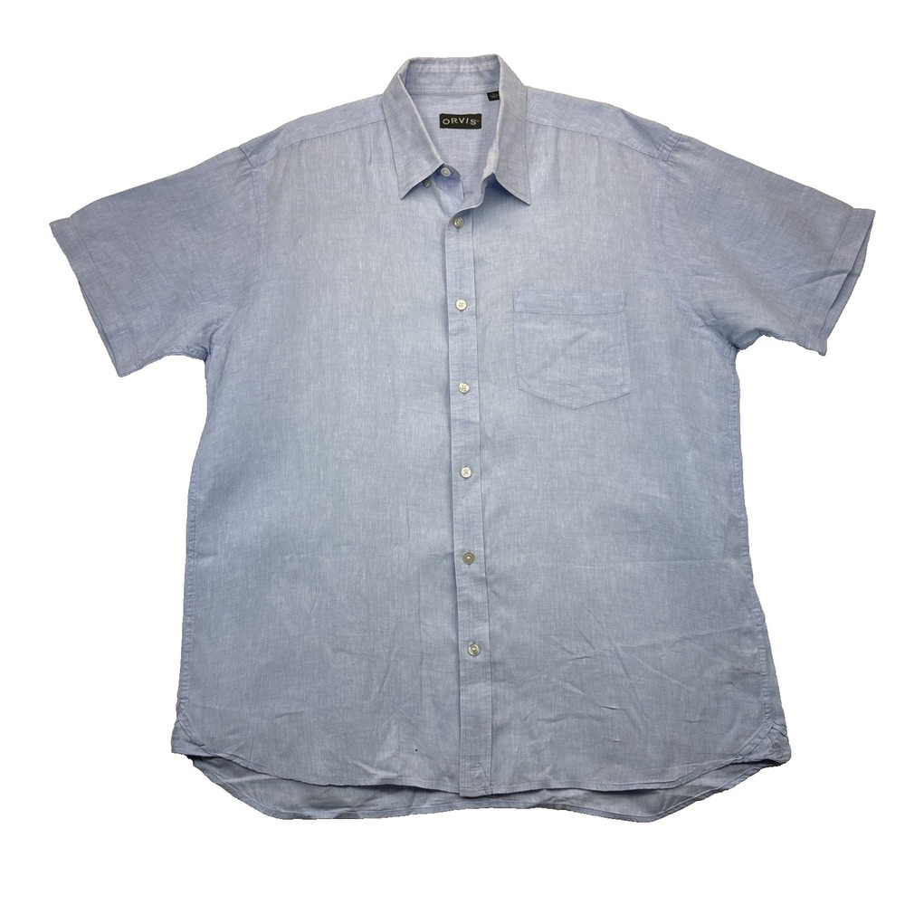 Orvis Mens XL Short Sleeve Linen Button Up Shirt Blue Chambray Pocket Casual